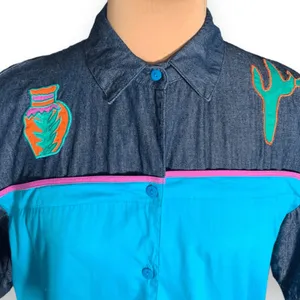 Vintage 90s Southwestern Appliqué Denim Button‎ Up Shirt Gaucho Pants Set Medium thumbnail 6