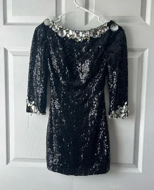 Alyce Paris Black Sequin Open Back Prom Mini Dress Formal Size 0 Flaws thumbnail 1