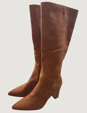 1411 | Modatope‎ VIUGJNEX Cognac Faux Suede Block Heel Pointed Toe Boots 9W thumbnail 1
