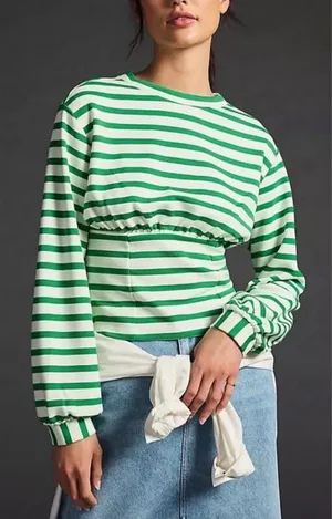 Maeve Anthropologie Womens Green White Stripe Corset Waist Blouse Xs thumbnail 1
