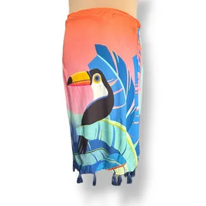 Farm Rio Toucan Sarong Wrap Midi Skirt Tassel Trim Tropical Resort Beach Coverup thumbnail 12