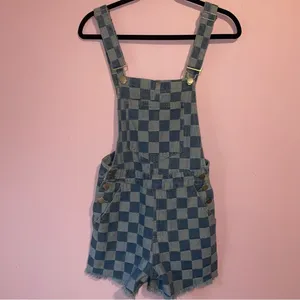 Pink Lily Checkered Denim Overalls Women XS Oversized Kidcore Artsy Maximalist thumbnail 2
