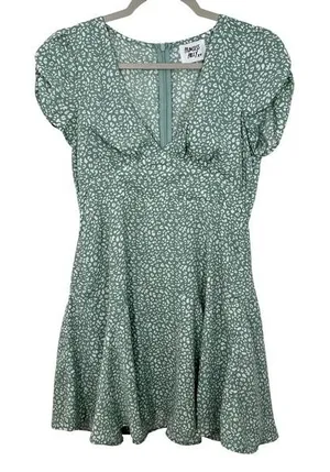 Princess Polly Green White Floral Print V‎ Neck Puff Sleeve Mini Dress Size 4 thumbnail 1
