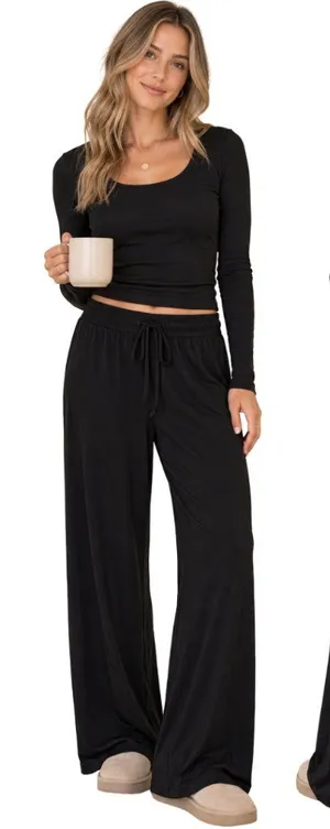 Nuuds Wide Leg Lounge Pants Women's Large Black Loungewear Comfy Relaxation Cozy thumbnail 1