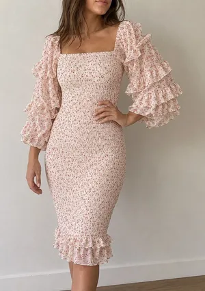 Petal + Pup Leia Pink Floral Smocked Midi Dress Tiered Ruffle Sleeve Size‎ 4 thumbnail 1