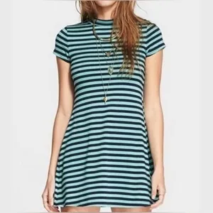Free People Beach On The Line Ponte Mini Dress Large‎ Navy Mint Striped Casual thumbnail 2