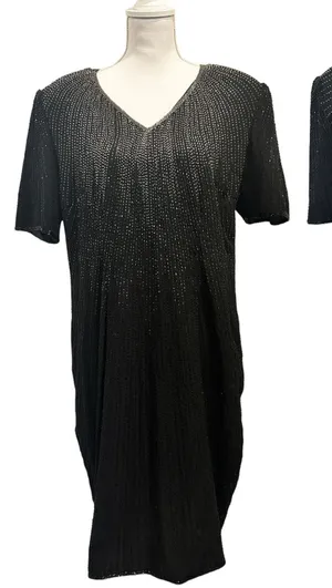 Vintage 80s Stenay Woman‎ Black Silk Beaded Sequin Cocktail Shift Dress Art Deco thumbnail 1