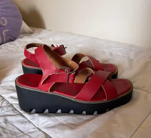 Red Leather Platform Sandals Size 7.5 thumbnail 2