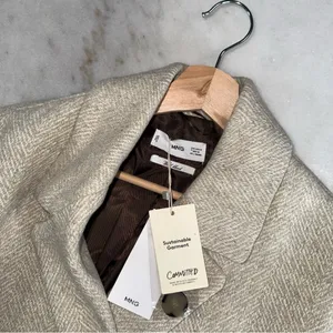 Mango Wool Blend Herringbone Double Breasted Coat Neutral Beige Medium New NWT thumbnail 10