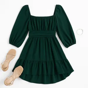 Exlura Green Square Neck Puff Sleeve High Low Mini Dress XL Cottagecore Boho thumbnail 4