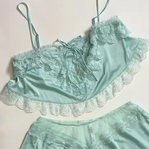 ANTHROPOLOGIE Two Piece Set Crop Lace Ruffle Cami Short Mint Green Lacey Medium thumbnail 3
