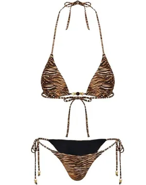 RoseSeek 2 Pieces Gold Zebra Striped Cheeky Bikini Halter Y2K Swimsuit MEDIUM thumbnail 1