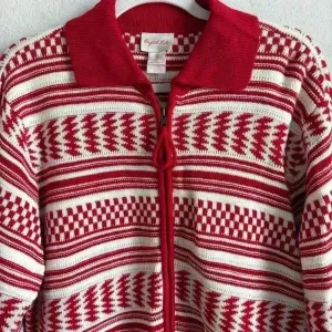 Crystal Kobe Zip Up Sweater Large Red And White Winter Warm Cardigan‎ Ski Casual thumbnail 5