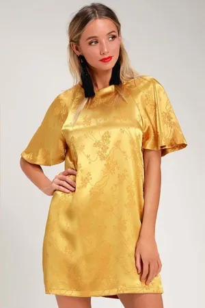 Lulus Blossom Golden Yellow Floral Jacquard Shift Dress‎ Lightweight Satin Sz S thumbnail 1