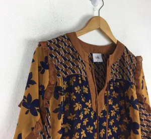 Cabi Harmony Gold Navy Ruffle Floral Peasant Semi Sheer Blouse Top XS thumbnail 8
