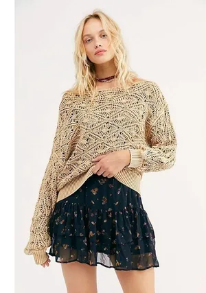 NEW Free People Bittersweet Brown Off Shoulder Crochet Sweater Open Knit - Large thumbnail 6