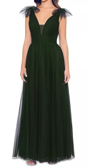 Betsy & Adam‎ - Hunter Green V-Neck Sleeveless Tulle Gown thumbnail 1