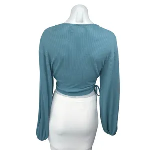 Urban Outfitters Blue Long Sleeve Ribbed Knit Wrap Cropped Sweater Top Size M thumbnail 2