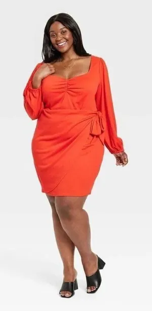 NWOT Womens Ava & Viv Balloon Long Sleeve Runway Red Wrap Dress - Sz 2X thumbnail 1