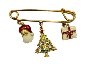 Christmas Pin Safety Pin Santa‎ Tree Gift Gold White Red Green thumbnail 1