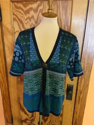 Coldwater Creek USA Mixed Pattern Cardigan Blue Green Rayon Knit Boho Sweater thumbnail 8