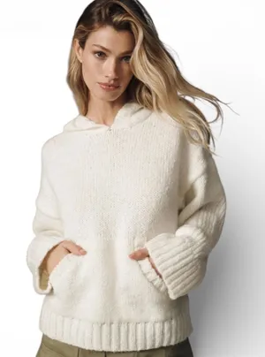 PILCRO Anthropologie‎ Cream Chunky Knit Oversized Hoodie Sweater Women Large thumbnail 1