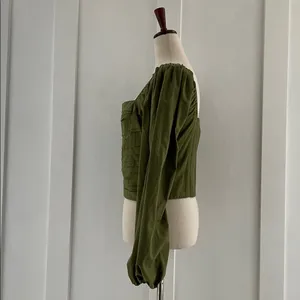 ABERCROMBIE & FITCH Puff Sleeve Pleated Bodice Ruched Crop Top in Green Size M thumbnail 4