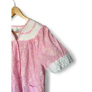 House Dress Pink Gingham Daisy Snap Front Quilted Yoke Floral Cottagecore XL thumbnail 6