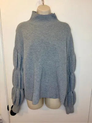 Hem & Thread Gray Ribbed Mock Neck Balloon Sleeve Sweater Size Large thumbnail 2