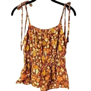 Floral Tie-Shoulder Tank Top in Autumn Brown Tones with Peplum Detail‎ thumbnail 2