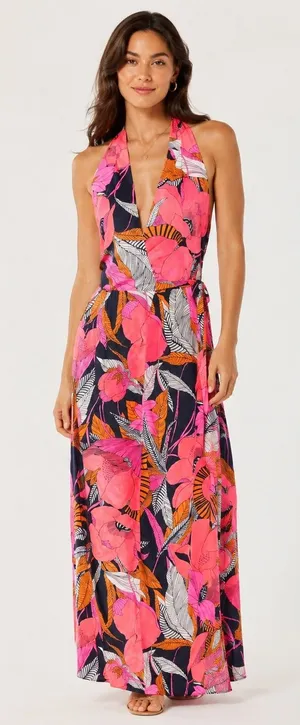 Calypso Bermuda Pink Floral Halter Wrap Maxi Dress Size 8 Fits Small thumbnail 1