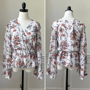 June & Hudson Bell Sleeve Crossfront Peplum Blouse Floral Chiffon M thumbnail 2