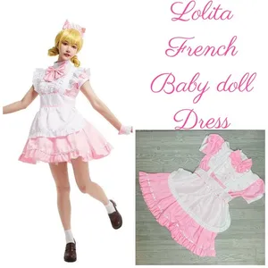 Lolita baby doll French maid pink & white dress Halloween costume cosplay XL thumbnail 2