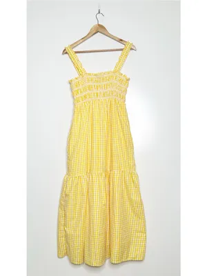 French Connection Yellow Gingham Smocked Midi Dress Size 6 thumbnail 3