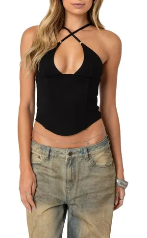 Edikted Lou Crossover Strap Corset Camisole Women's Size XS Black Beaded $54.40 thumbnail 1