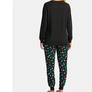 Holiday Time‎ Womens Pajama Set Black Merry and Bright Christmas Lights Size S thumbnail 5