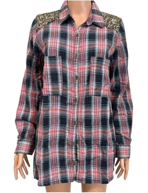 Free People Little Bit of Sugar plaid flannel sequin mesh panels TLS2 3585 thumbnail 1