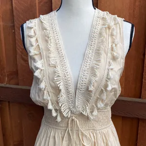 CUPSHE Cream V Neck Sleeveless Lace Tassel Smocked Waist Maxi Dress Size M thumbnail 5