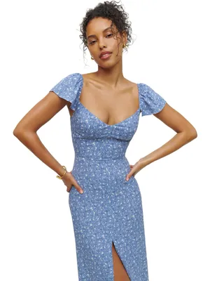 Reformation Baxley Midi Dress in Marie Blue Floral thumbnail 2