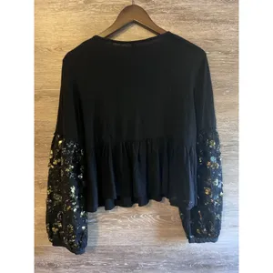 Anthropologie Black & Gold Sequined Peplum Peasant Top Balloon Sleeves M Party thumbnail 8