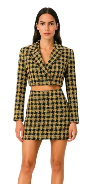 House of Harlow 1960 Yellow Black Gingham Long Sleeve Blazer Skirt 2 Pc Set S/M thumbnail 1