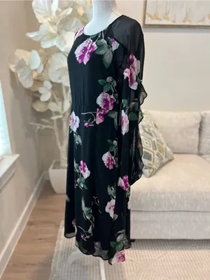 Lulus Once And Flor All Black Floral Print Long Sleeve Woman’s Midi Dress size L thumbnail 7