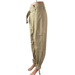 Zara Women's Beige High Rise Pleated Belted Baggy Tapered Trousers Cargo Pants S thumbnail 3