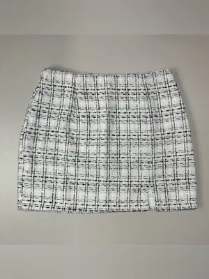 Women’s Tweed Mini Skirt Medium White Black Wool Blend Lined Career Classic NWT thumbnail 2