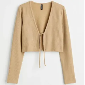 Divided H&M Women's Size Large Cropped Knit Top Cardigan Beige Ribbed Tie Front‎ thumbnail 1