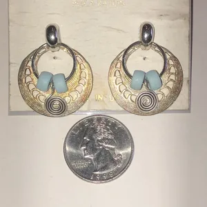 Aged Silver Tone Hoop Earrings with Light Blue Beads thumbnail 5