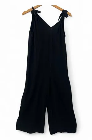 ZARA | M | Double V-Neck Tie Shoulder Wide Leg Black 100% Cotton Lounge Jumpsuit thumbnail 3