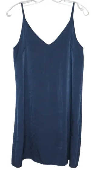 Aqua Satin Tunic Mini Dress, V-Neck Flowy Spaghetti Straps, Party Navy Blue XS thumbnail 1