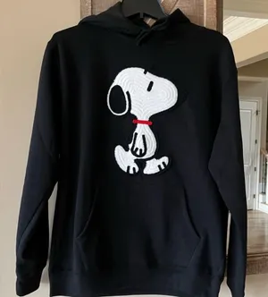 Snoopy Sweatshirt Black Cotton Hoodie Pullover Crochet Patch Womens Medium thumbnail 1