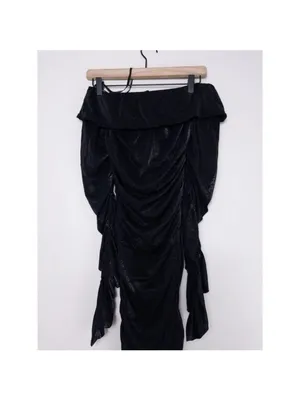 Bronx and Banco Amara Off The Shoulder Linen Midi Dress L Black Ruched Sparkle thumbnail 10